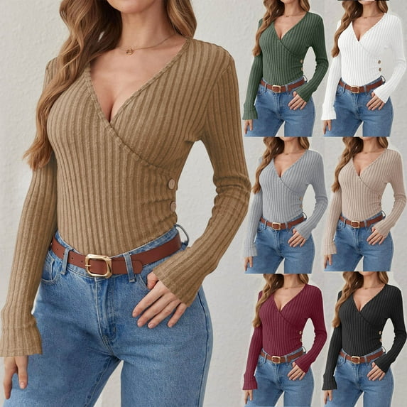 BiZtdJrK Women Wrap V Neck Shirts Ribbed Knit Button Side Long Sleeve Sweater Slim Fit Fall Fashion Tops Khaki XXL