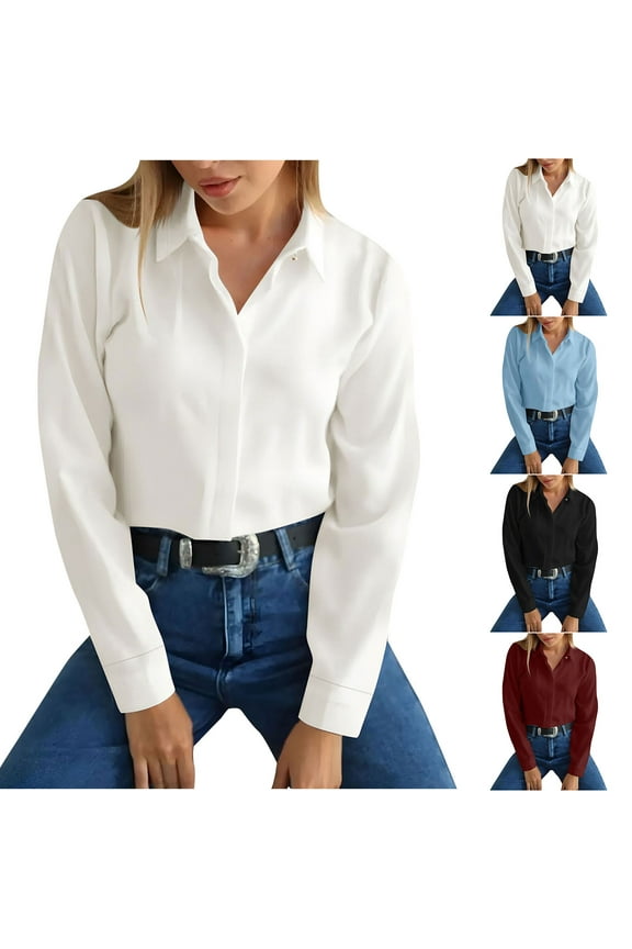 Women Wrinkle Free Dress Shirt Turndown Collar Long Sleeve Hidden Button Down Shirts Solid Office Work Blouse Fall Clothes White XXL