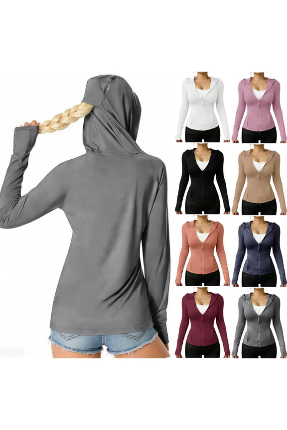 Women Yoga Hoodie Jackets UPF 50+ Sun Protection Slim Fit Zip Up Tops Rash Guard Lightweight Running Workout Hooded Jacket with Ponytail Opening Thumb Holes for All Seasons Rose Gold XXL
