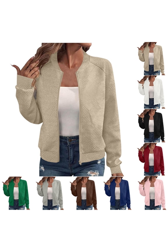 Women Zipper Jackets Textured Ribbed Cuff Long Sleeve Bomber Jacket Lightweight Flight Outerwear Fall Coats Green XXL