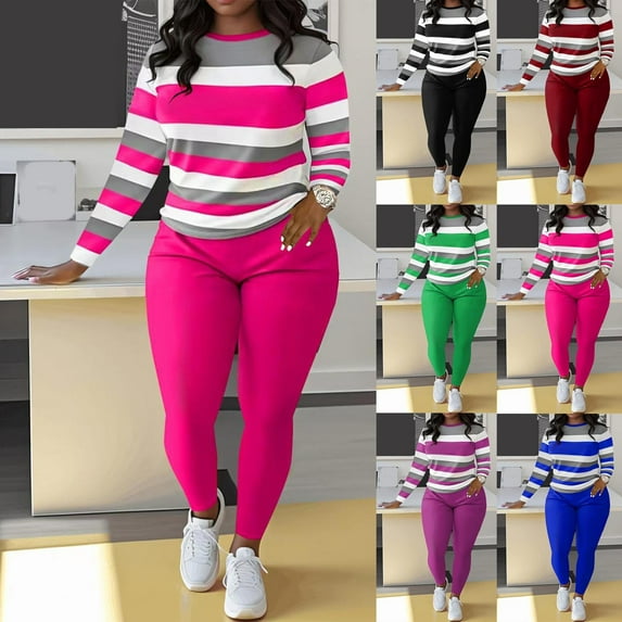 BiZtdJrK Women's 2 Piece Outfits Bodycon Tracksuit Set Striped Long Sleeve Tops and Legging Pants Matching Workout Sets Black L