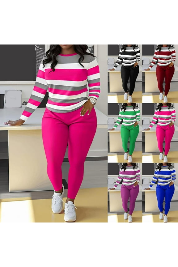 Women's 2 Piece Outfits Bodycon Tracksuit Set Striped Long Sleeve Tops and Legging Pants Matching Workout Sets Hot Pink M