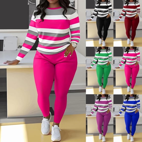 BiZtdJrK Women's 2 Piece Outfits Bodycon Tracksuit Set Striped Long Sleeve Tops and Legging Pants Matching Workout Sets Wine S