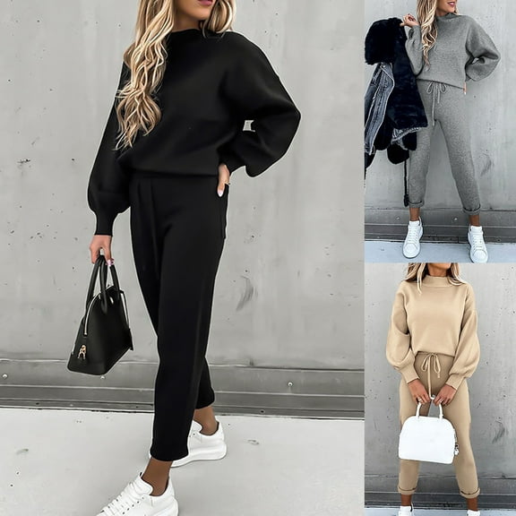 BiZtdJrK Women's 2 Piece Outfits Long Sleeve Pullover Sweatshirt and Jogger Pants Sweatsuit Fall Round Neck Tops Matching Drawstring Sweatpants Lounge Set Sales of the Week Gray XXL