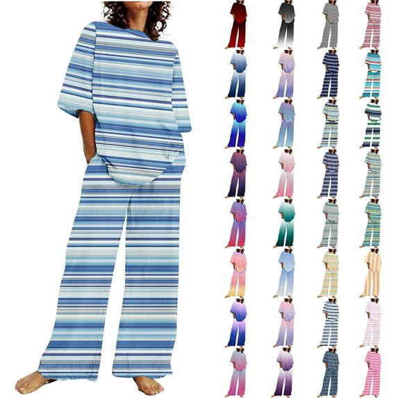 BiZtdJrK Women's 2 Piece Sets 2025 Trendy Stripe Print Sweatsuit Casual Short Sleeve Pullover Shirts and Wide Leg Pants Lounge Set with Pockets Multicolor XL