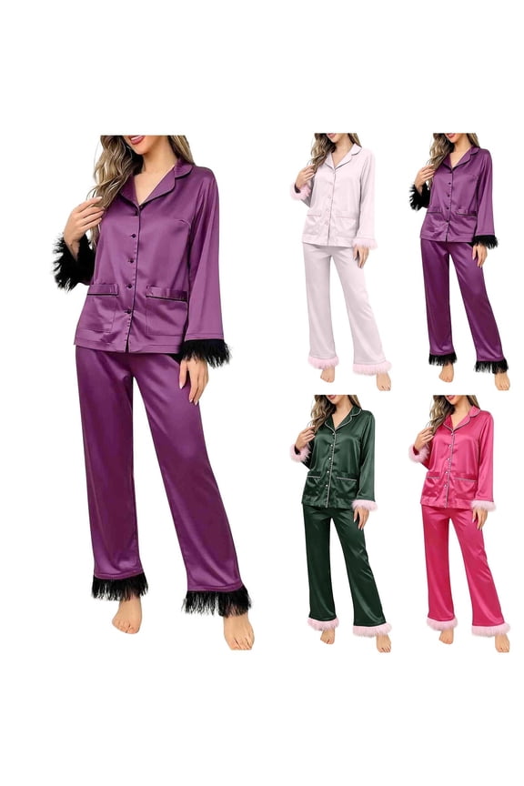 Women's 2 Piece Sleepwear Fuzzy Trim Long Sleeve Button Down Shirts and Pants Pajama Set Fashion Pjs Sets with Pockets Hot Pink M