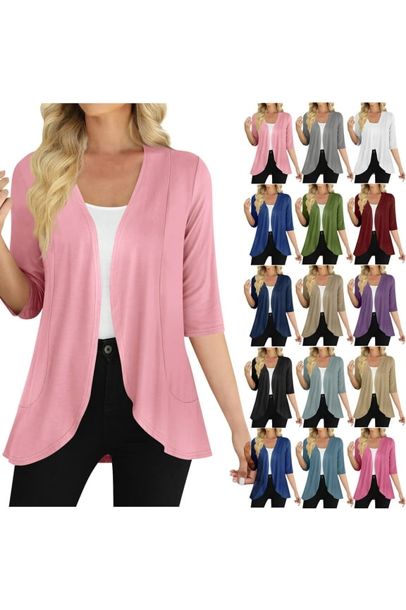 BiZtdJrK Women's 3/4 Sleeves Lightweight Open Front Cardigan Draped Ruffles Shawls Shrugs Kimono Jacket Beach Cover Ups Blue L