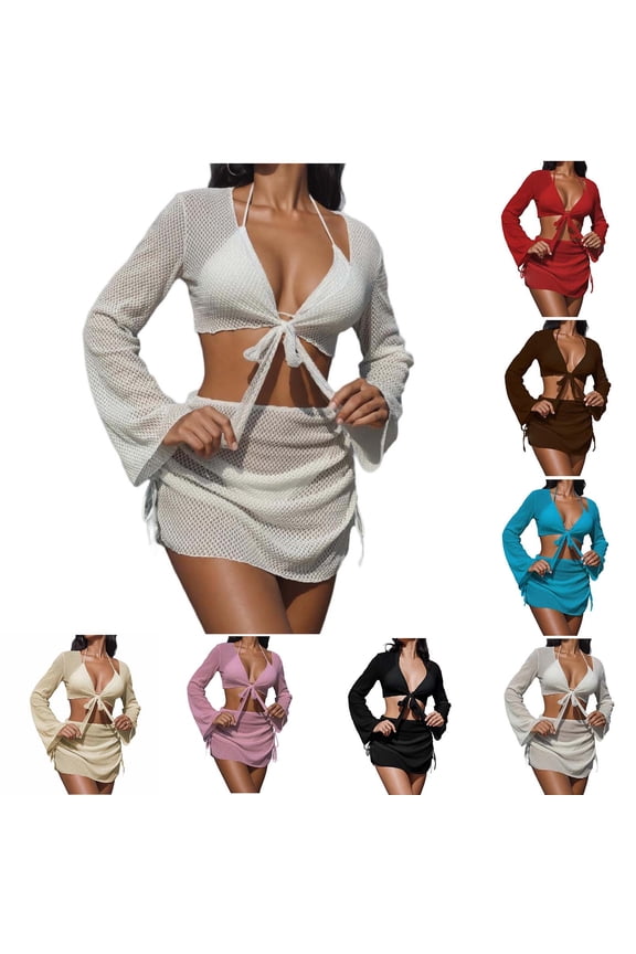 BiZtdJrK Women's 4 Piece Set Hollow Out Cover Ups Tops Skirts Matching Halter Bras Bottoms Bathing Suit Beach Wear, White, M