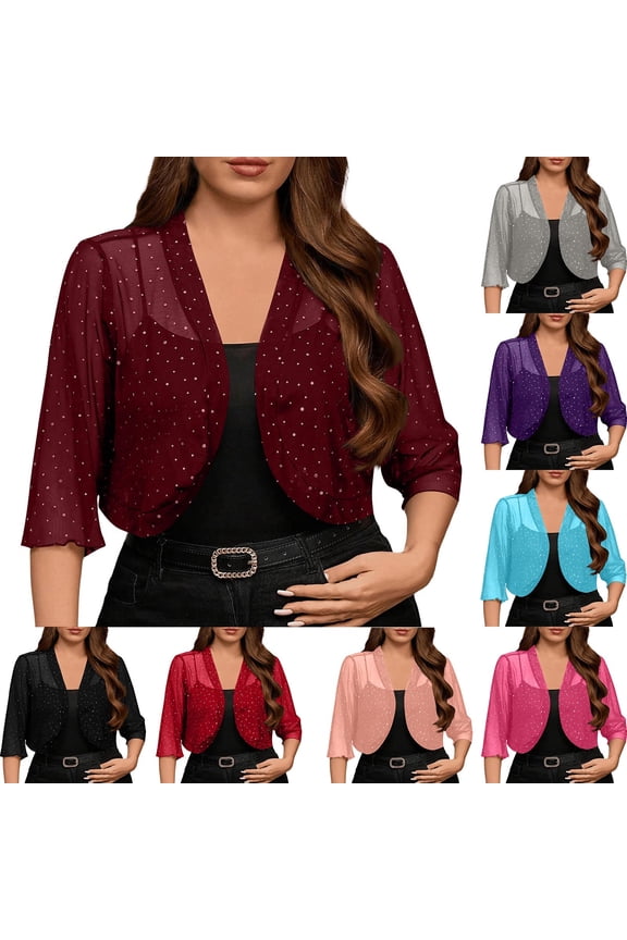 Women's Bolero Shrugs Sequin 3/4 Sleeve Open Front Sheer Cardigans Fashion Club Party Cropped Cardigan Pink S