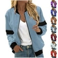 thumbnail image 1 of BiZtdJrK Women's Bomber Jacket Color Block Long Sleeve Full Zip Casual Jakcets Lightweight Stretch Varsity Outerwear Light Blue L, 1 of 6