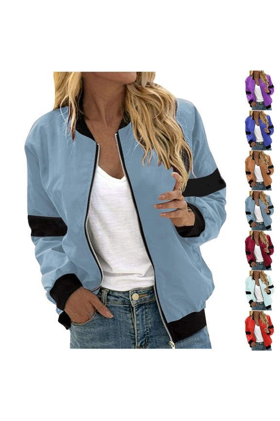 Women's Bomber Jacket Color Block Long Sleeve Full Zip Casual Jakcets Lightweight Stretch Varsity Outerwear Red XXL