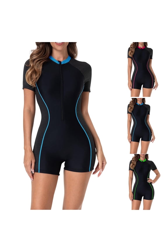 BiZtdJrK Women's Boyleg One Piece Rash Guard Swimsuit Zip Front Short Sleeve Sun Protection Surfing Wetsuits, Blue, XL