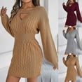 thumbnail image 1 of BiZtdJrK Women's Cable Knit Sweater Dress Cut Out Smocked Waist Long Sleeve Casual Sweaters Pencil Bodycon Mini Dresses Fall Winter Outfits Wine S, 1 of 5