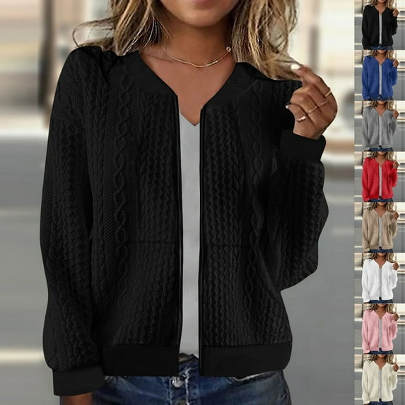 BiZtdJrK Women's Cardigans Zip Up Jacket Cable Knit Long Sleeve Open Front Sweater Fashion Casual Outerwear with Pockets Beige M