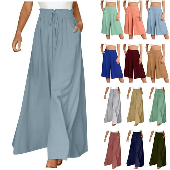 BiZtdJrK Women's Casual Drawstring Wide Leg Pants Baggy Elastic High Waisted Flowy Palazzo Trousers with Pockets for Vacation Beach, Khaki, M