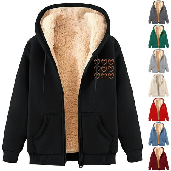 BiZtdJrK Women's Casual Full Zip Up Hoodies Fall Winter Warm Fleece Lined Hooded Sweatshirt Fashion Heart Printed Sherpa Jacket Coat with Pockets Lightning Sale Red M