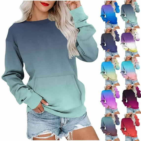 BiZtdJrK Women's Casual Pullover Gradient Long Sleeve Crew Neck Sweatshirt Regular Fit Basic Fall Sweatshirts with Pocket Yellow L