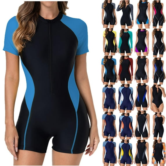 BiZtdJrK Women's Conservative Swimsuit Color Block Short Sleeve Wetsuit Slimming One Piece Bathing Suit Summer Beach Swimwear, Blue, XXL