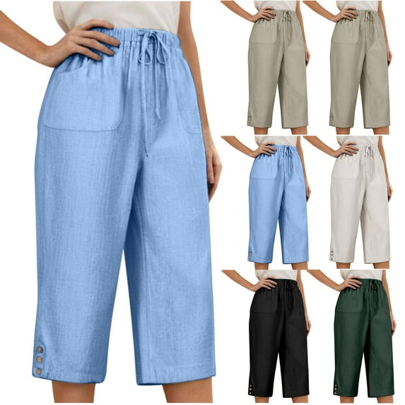 BiZtdJrK Women's Cotton Linen Capri Pants Drawstring High Waisted Cropped Pants Breathable Casual Summer Beach Capris with Pockets clearance sale Light Blue L