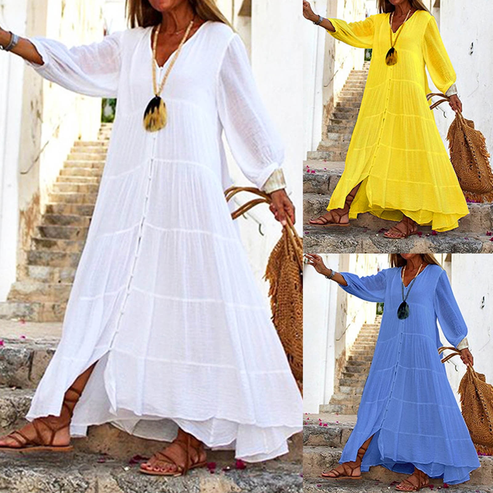 BiZtdJrK Women's Cotton Linen Dress Button Down Long Sleeve V Neck Boho Dresses Casual Pleated Layered Beach Long Dress, Blue, L