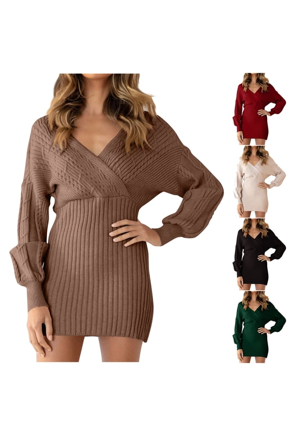Women's Cotton Sweater Dress Wrap V Neck Puff Long Sleeve Cable Knit Sweaters Slim Fit Casual Mini Dresses Khaki XL