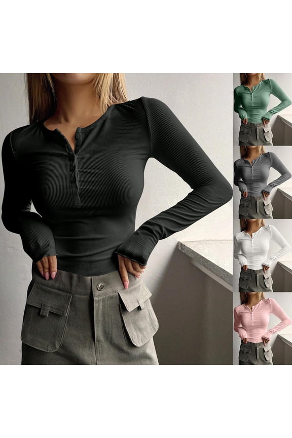 Women's Cropped Tops Ribbed Knit Button Crew Neck Long Sleeve Henley Shirts Slim Y2k Street T Shirt Black XL