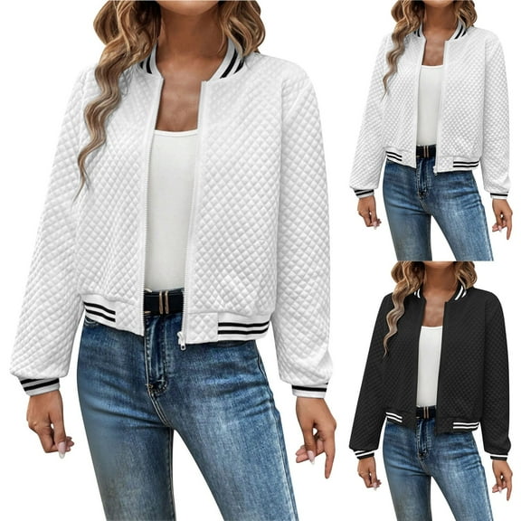 BiZtdJrK Women's Fall Jackets Full Zip Long Sleeve Quilted Bomber Jacket Lightweight Casual Cropped Outerwear White L