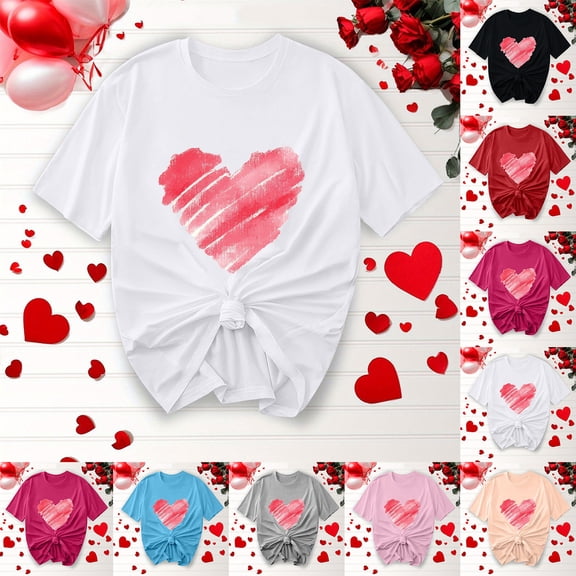 BiZtdJrK Women's Fashion T Shirts Heart Graphic Short Sleeve Casual Tee Tops Funny Cute Valentine Day Tees Gray S