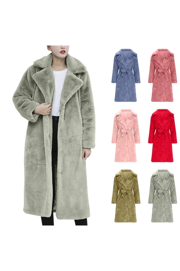 Women's Faux Fur Jackets Long Sleeve Belt Lapel Fluffy Fleece Overcoat Warm Fuzzy Long Cardigan Coat Winter Thick Outwear Pink XL