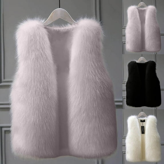 BiZtdJrK Women's Faux Fur Vest Winter Sleeveless Warm Jacket Solid Color Fuzzy Fleece Waistcoat for Spring Autumn and Winter Sale of the Day White L