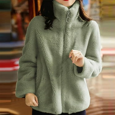 BiZtdJrK Women's Fleece Jacket Full Zip Long Sleeve Sherpa Coat Solid Casual Stand Collar Outerwear with Pockets Prime By Hour Green XXL