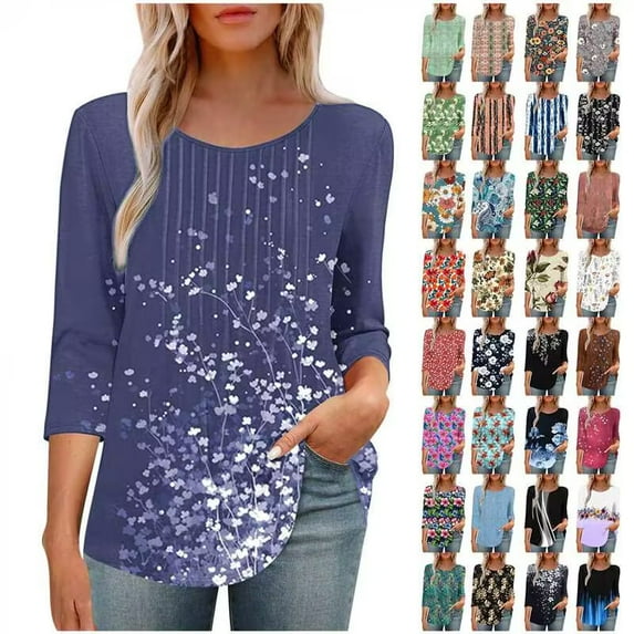 BiZtdJrK Women's Floral Printed T Shirts Pleated Front 3/4 Sleeve Dressy Casual Tunic Tops Irregular Hem Travel Vacation Tee Shirt Birthday Gift Multicolor XL