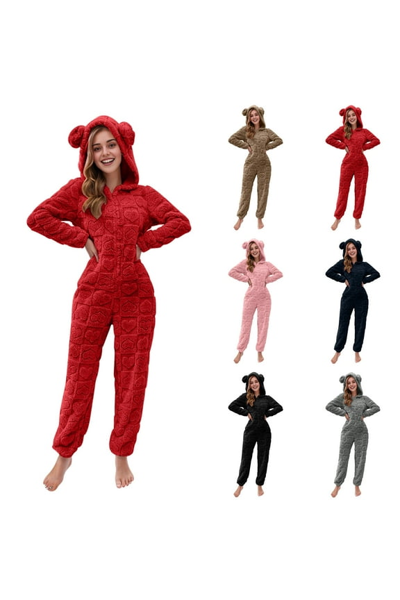BiZtdJrK Women's Furry Sherpa Onesie Pajamas Fashion Heart Jacquard Jumpsuits Cute Ear Hood Romper Lounge Sleepwear, Black, XXL