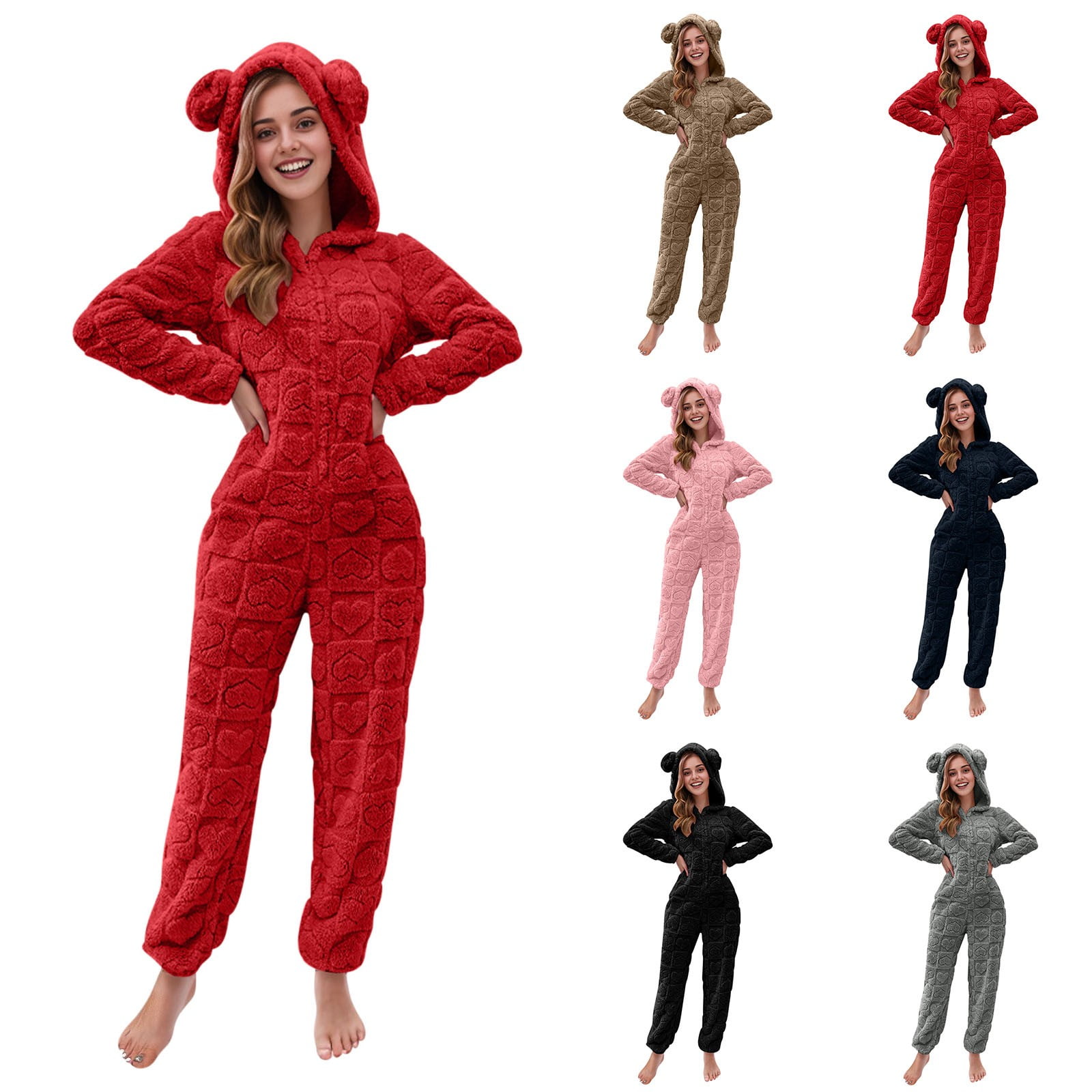 BiZtdJrK Women's Furry Sherpa Onesie Pajamas Fashion Heart Jacquard Jumpsuits Cute Ear Hood Romper Lounge Sleepwear, Red, M