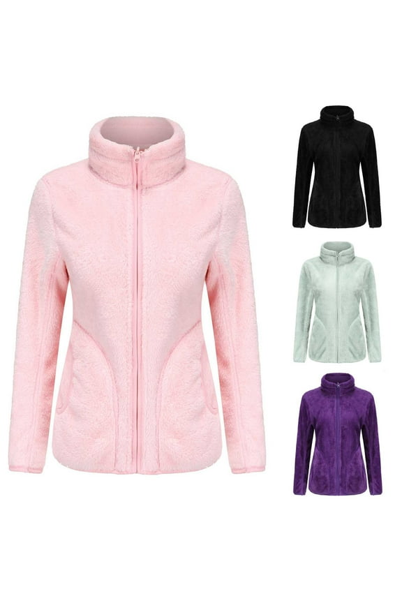 Women's Fuzzy Fleece Jacket Long Sleeve Zip Up Sherpa Coat Reversible Soft Plush Oversized Outerwear with Pockets Purple M