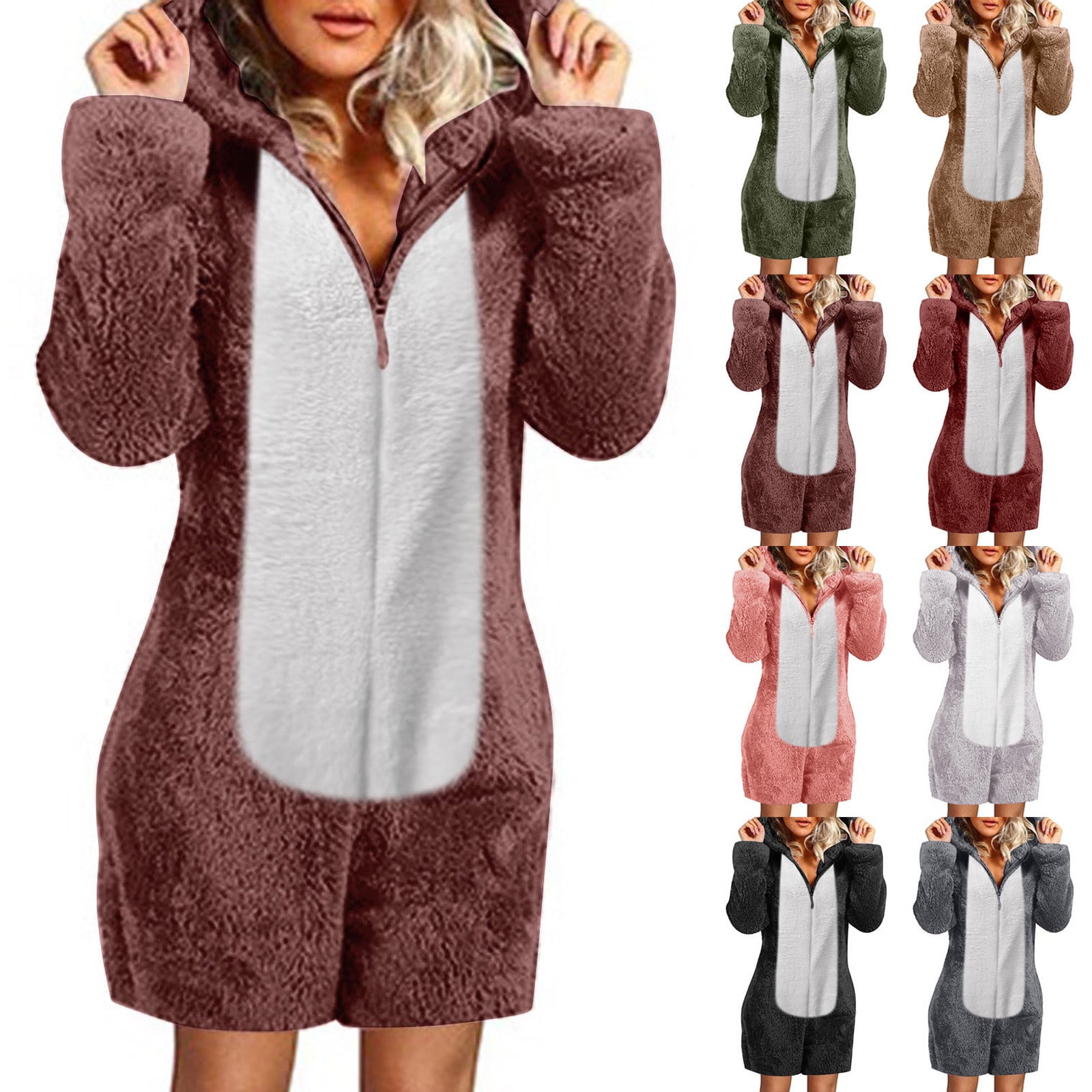 BiZtdJrK Women's Fuzzy Fleece Zip Up Jumpsuits Fashion Color Block Cat Ear Hooded Rompers Casual Plush Long Sleeve Onesies Shorts Loungewear, Army Green, XXXXL