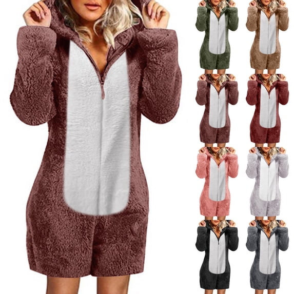 BiZtdJrK Women's Fuzzy Fleece Zip Up Jumpsuits Fashion Color Block Cat Ear Hooded Rompers Casual Plush Long Sleeve Onesies Shorts Loungewear, Wine, XL