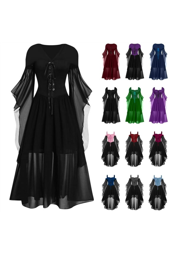 Women's Gothic Punk Dress Masquerade Cosplay Party Dress Sexy Mesh Patchwork Dresses Butterfly Sleeve Gown Dress, Purple, XXL