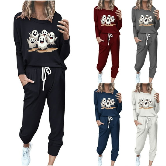 BiZtdJrK Women's Graphic Tracksuits Cute Ghost Halloween Party 2 Piece Casual Sets Lightweight Jogger Workout Athletic Outfits with Pockets AA-White XL