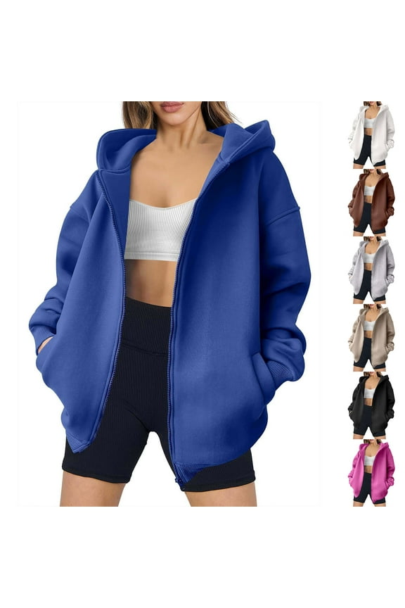 Women's Hoodie Jackets Drop Shoulder Zip Up Long Sleeve Hooded Sweatshirt Jacket Solid Casual Sweatshirts Coats Fall Fashion Outerwear with Pockets Blue XL