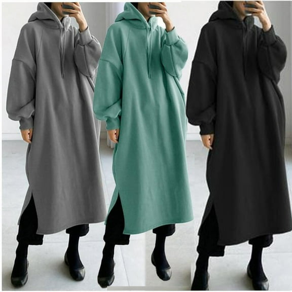 BiZtdJrK Women's Hoodie Maxi Dress Side Split Long Sleeve Oversized Loose Casual Sweatshirt Dress Drop Shoulder Drawstring Hooded Pullover Fall Fashion Sweatshirts Gray XXL