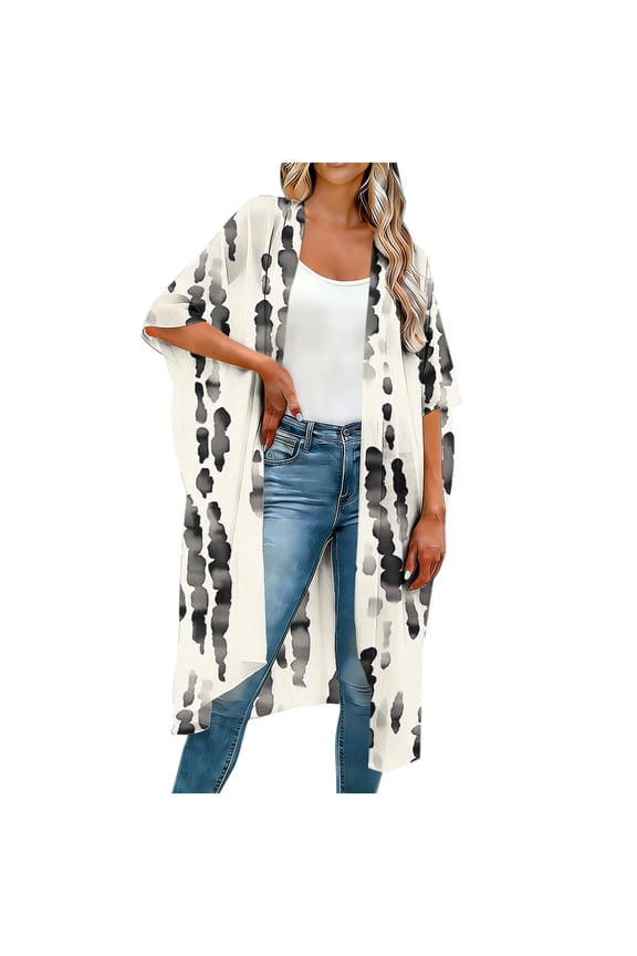 Women's Kimono Coverups Hawaiian Print Short Sleeve Flowy Summer Beach Cardigans Mid Length Plus Size Open Front Cardigan White XXXXXL