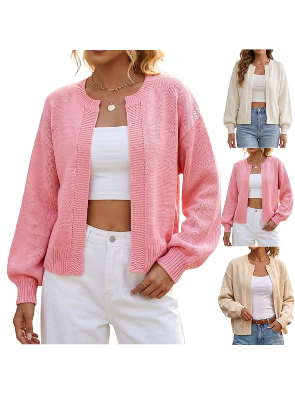 Women's Knit Sweater Jackets Cuff Long Sleeve Open Front Cardigans Solid Color Casual Fall Cardigan Sweaters Pink M