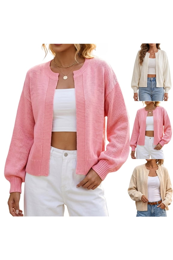 Women's Knit Sweater Jackets Cuff Long Sleeve Open Front Cardigans Solid Color Casual Fall Cardigan Sweaters Pink S