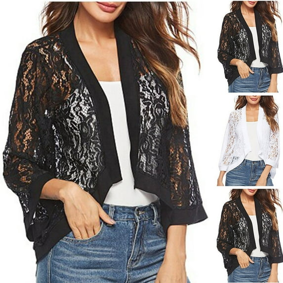 BiZtdJrK Women's Lace Cardigan 3/4 Sleeve Open Front Cardigans Lightweight Summer Bolero Shrugs Beach Cropped Cover Up Black XL