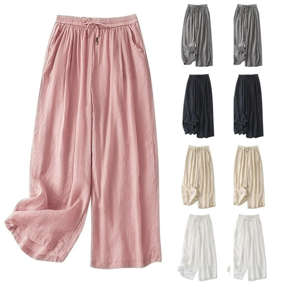 BiZtdJrK Women's Linen Wide Leg Pants Casual Drawstring Elastic Waist Sweatpants Solid Casual Baggy Palazzo Trousers with Pockets Prime Today Pink M