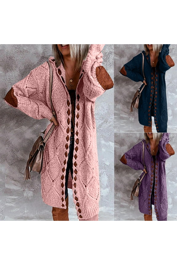 Women's Long Cardigan Elbow Patches Long Sleeve Open Front Jackets Cable Knit Hooded Sweater Coat Purple S
