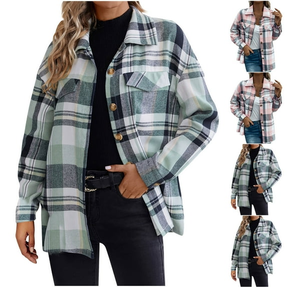 BiZtdJrK Women's Long Sleeve Flannel Shirts Casual Button Down Lapel Blouse Tops Fashion Plaid Shacket Jacket Outdoor Tartan Coat with Pocket 90% off Clearance Sale Green XXL