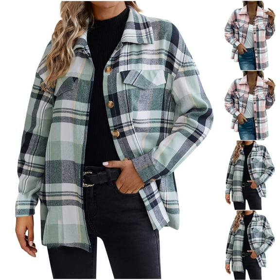 BiZtdJrK Women's Long Sleeve Flannel Shirts Casual Button Down Lapel Blouse Tops Fashion Plaid Shacket Jacket Outdoor Tartan Coat with Pocket Lightening Sale Pink L