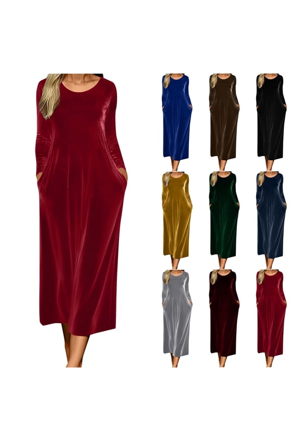 BiZtdJrK Women's Long Sleeve Velvet Dresses Fall Winter Wedding Guest Party Maxi Dress Solid Color Casual Crew Neck A-Line Dresses, Navy, M
